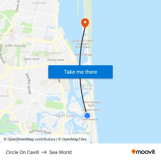 Circle On Cavill to Sea World map