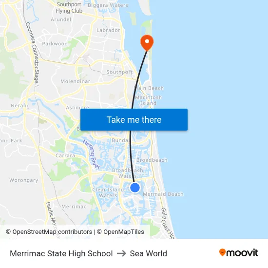 Merrimac State High School to Sea World map