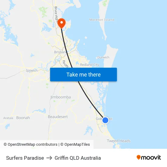 Surfers Paradise to Griffin QLD Australia map