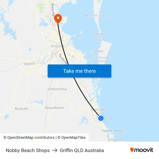 Nobby Beach Shops to Griffin QLD Australia map