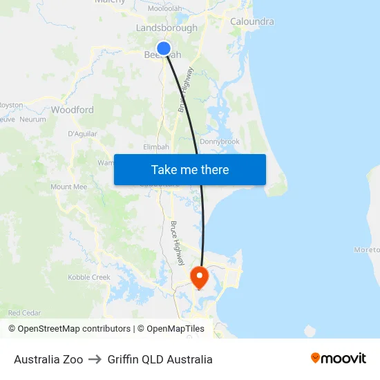 Australia Zoo to Griffin QLD Australia map