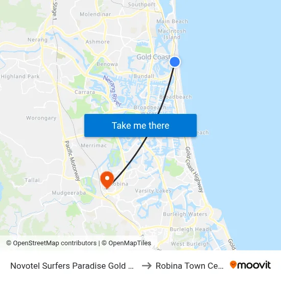 Novotel Surfers Paradise Gold Coast to Robina Town Centre map