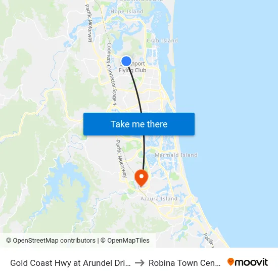Gold Coast Hwy at Arundel Drive to Robina Town Centre map