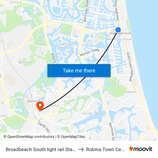 Broadbeach South light rail Station to Robina Town Centre map