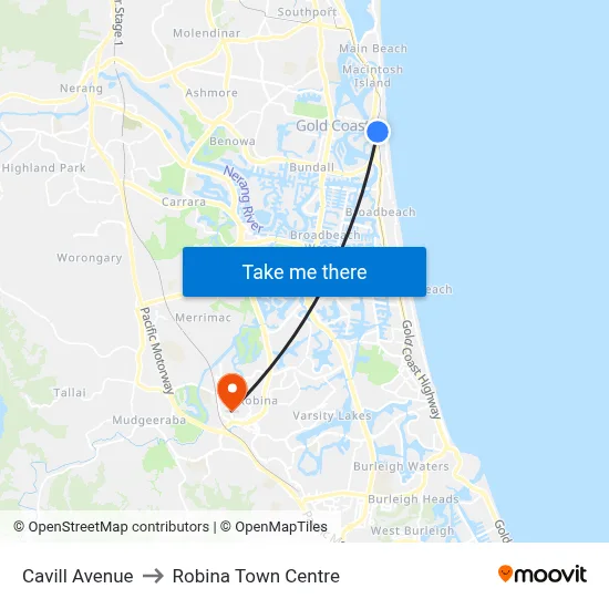 Cavill Avenue to Robina Town Centre map
