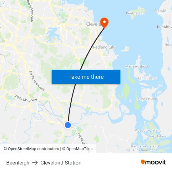 Beenleigh to Cleveland Station map