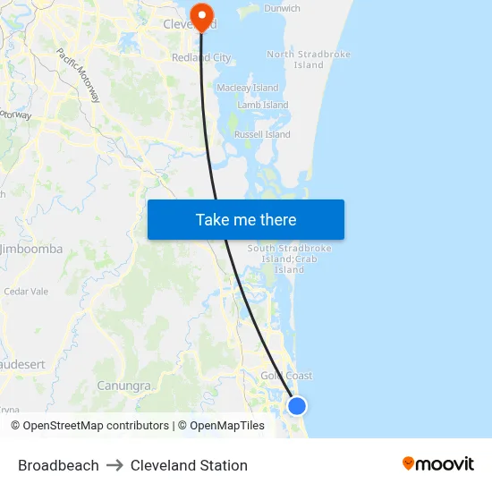 Broadbeach to Cleveland Station map