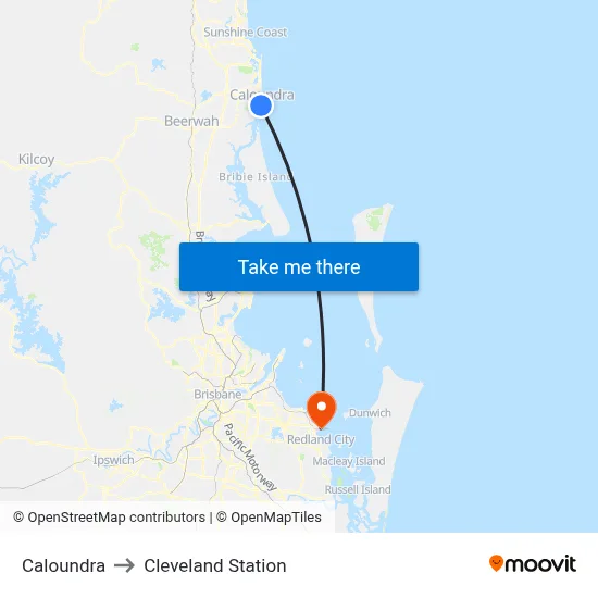 Caloundra to Cleveland Station map
