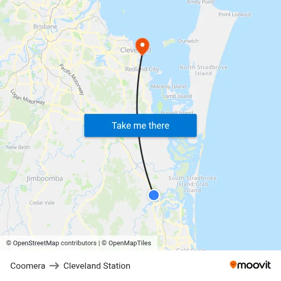 Coomera to Cleveland Station map