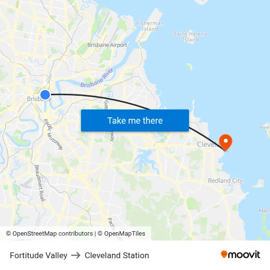 Fortitude Valley to Cleveland Station map