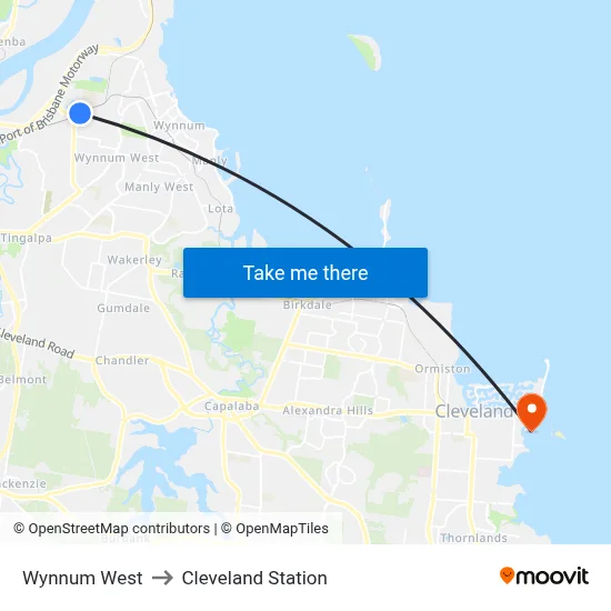 Wynnum West to Cleveland Station map