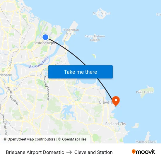 Brisbane Airport Domestic to Cleveland Station map