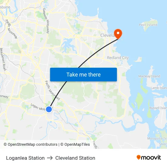 Loganlea Station to Cleveland Station map
