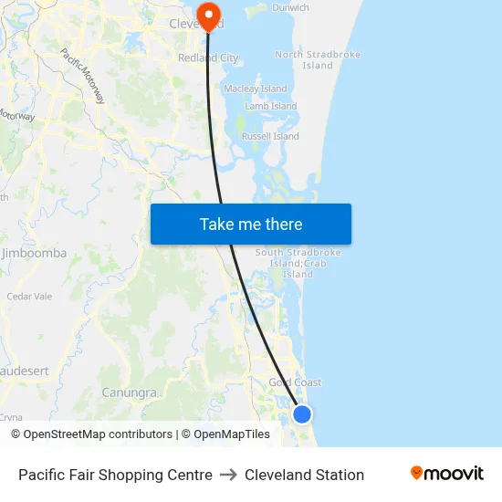 Pacific Fair Shopping Centre to Cleveland Station map