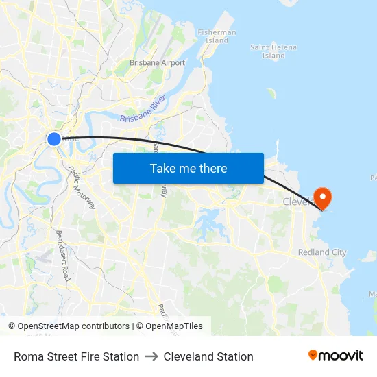 Roma Street Fire Station to Cleveland Station map