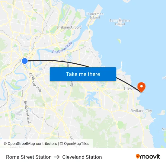 Roma Street Station to Cleveland Station map