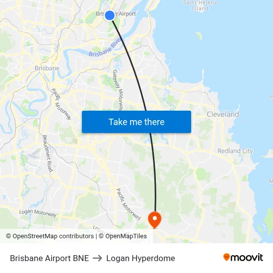 Brisbane Airport BNE to Logan Hyperdome map