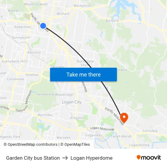 Garden City bus Station to Logan Hyperdome map