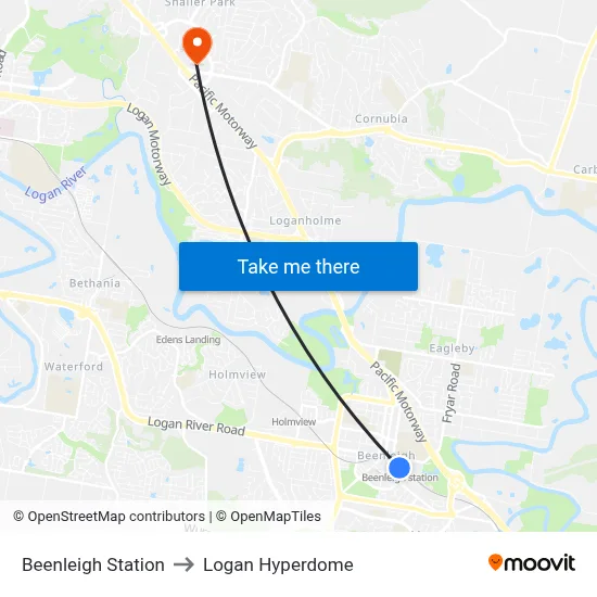Beenleigh Station to Logan Hyperdome map