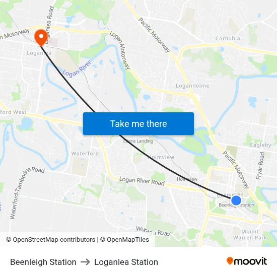 Beenleigh Station to Loganlea Station map
