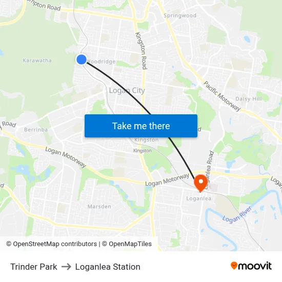 Trinder Park to Loganlea Station map