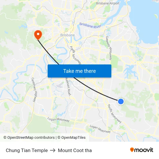 Chung Tian Temple to Mount Coot tha map