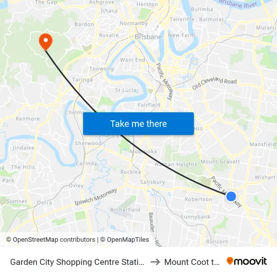 Garden City Shopping Centre Station to Mount Coot tha map