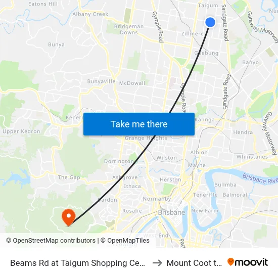 Beams Rd at Taigum Shopping Centre to Mount Coot tha map