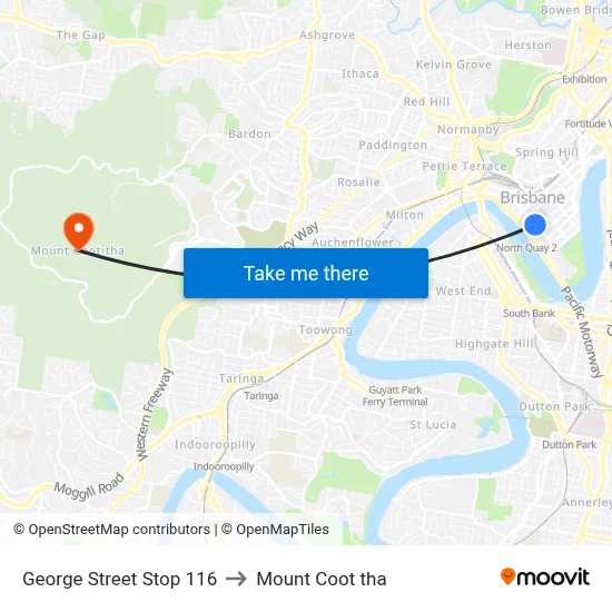 George Street Stop 116 to Mount Coot tha map