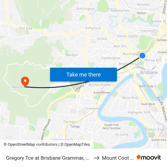 Gregory Tce at Brisbane Grammar, Stop 4 to Mount Coot tha map
