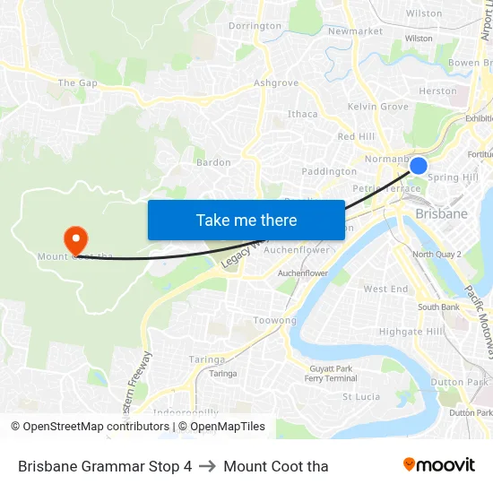 Brisbane Grammar Stop 4 to Mount Coot tha map