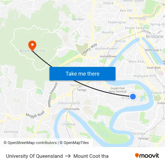 University Of Queensland to Mount Coot tha map