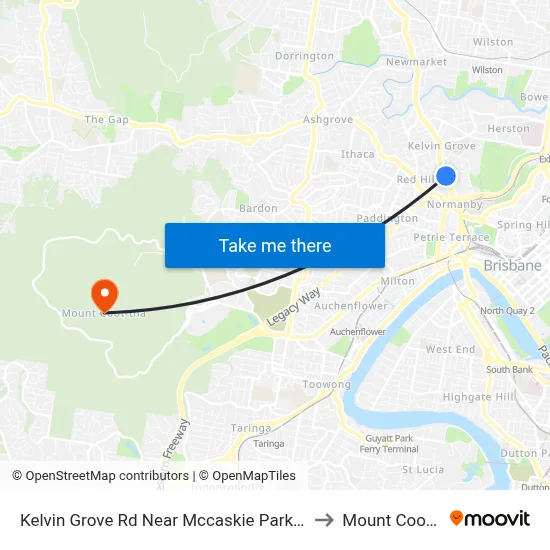 Kelvin Grove Rd Near Mccaskie Park, Stop 12 to Mount Coot tha map
