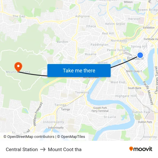 Central Station to Mount Coot tha map