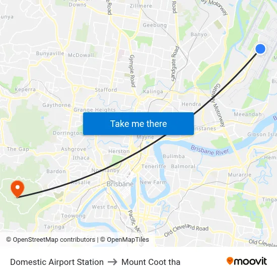 Domestic Airport Station to Mount Coot tha map
