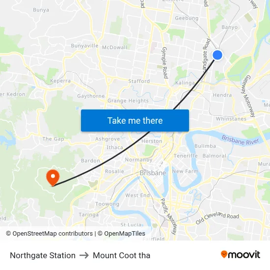 Northgate Station to Mount Coot tha map