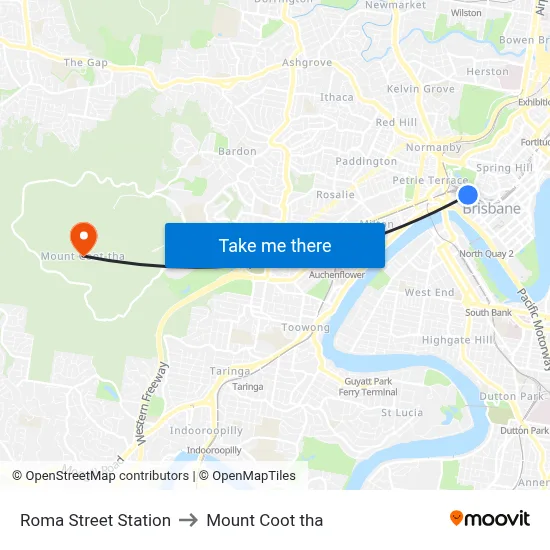 Roma Street Station to Mount Coot tha map