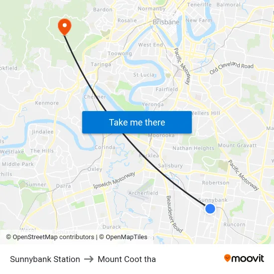 Sunnybank Station to Mount Coot tha map