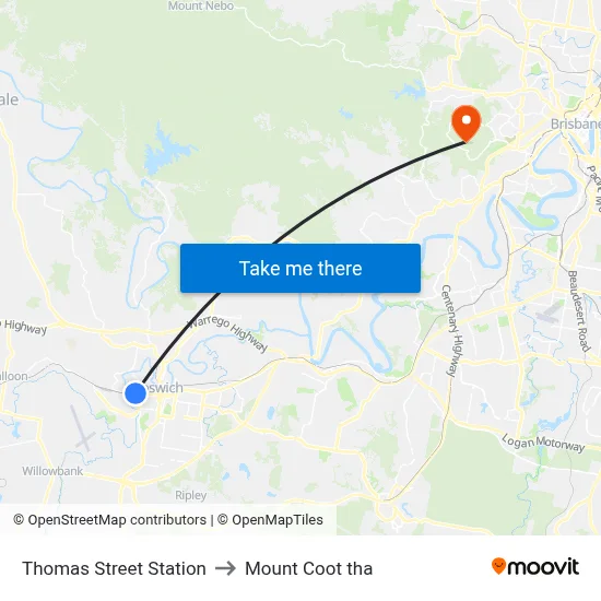 Thomas Street Station to Mount Coot tha map