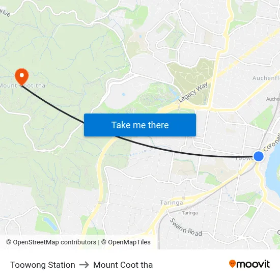 Toowong Station to Mount Coot tha map