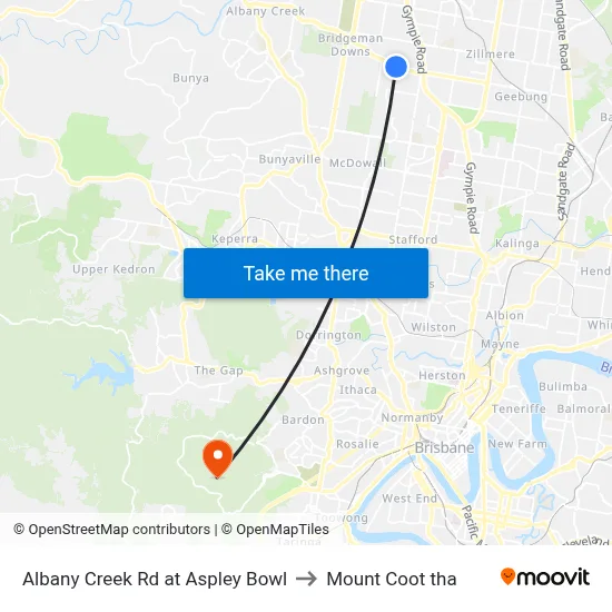 Albany Creek Rd at Aspley Bowl to Mount Coot tha map