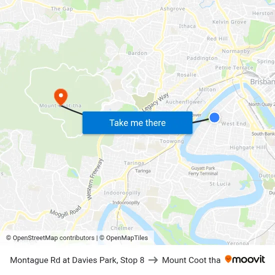 Montague Rd at Davies Park, Stop 8 to Mount Coot tha map