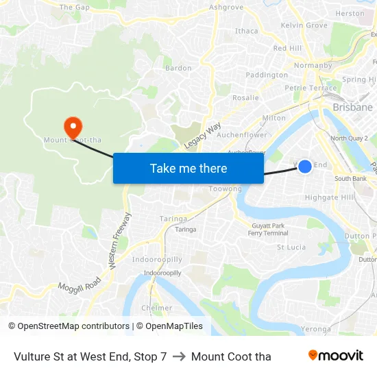 Vulture St at West End, Stop 7 to Mount Coot tha map