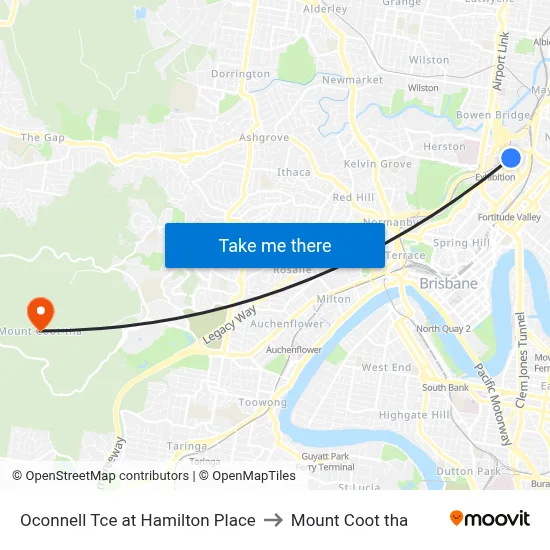 Oconnell Tce at Hamilton Place to Mount Coot tha map
