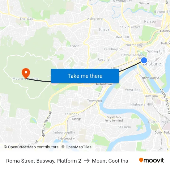 Roma Street Busway, Platform 2 to Mount Coot tha map