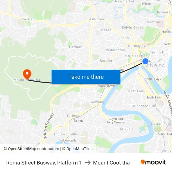 Roma Street Busway, Platform 1 to Mount Coot tha map