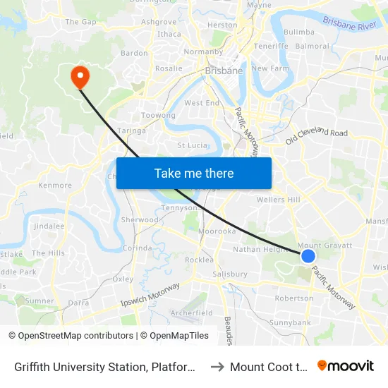 Griffith University Station, Platform 2 to Mount Coot tha map