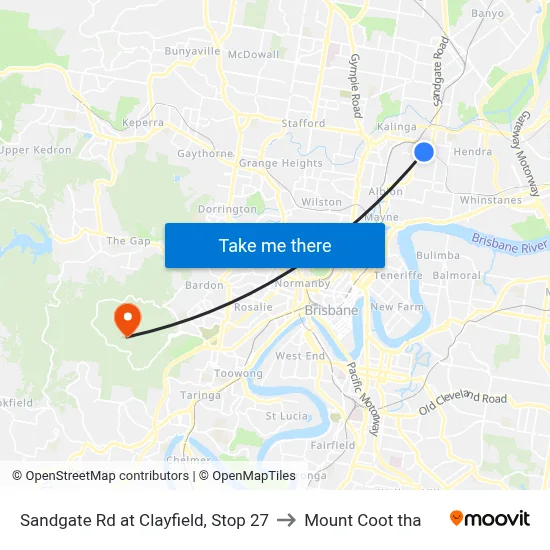 Sandgate Rd at Clayfield, Stop 27 to Mount Coot tha map