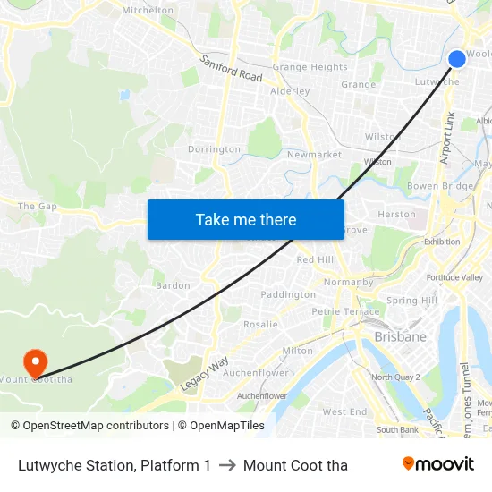 Lutwyche Station, Platform 1 to Mount Coot tha map