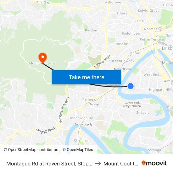 Montague Rd at Raven Street, Stop 12 to Mount Coot tha map